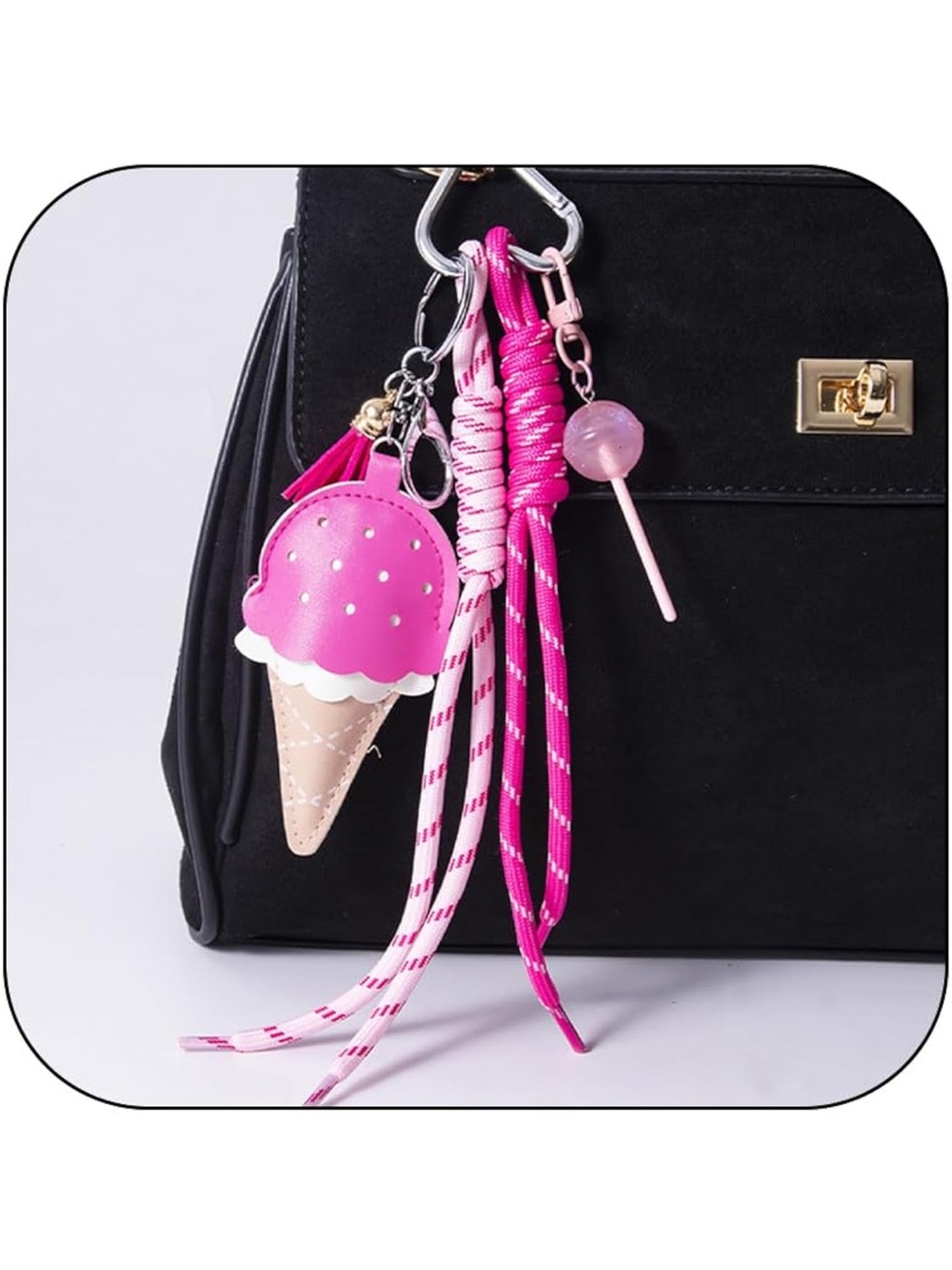 Pink Ice Cream Charm Keychain & Card Holder Accessory
